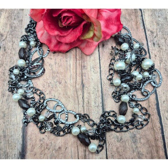 Premier Design Gun Metal Chain Necklace Faux Pearls Hammered Links Multi Strand - Picture 1 of 9